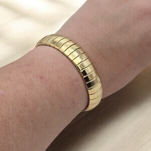 Snake Chain Gold Statement Bracelet Ribbed Hinged Bangle  Vintage Elevated Chic